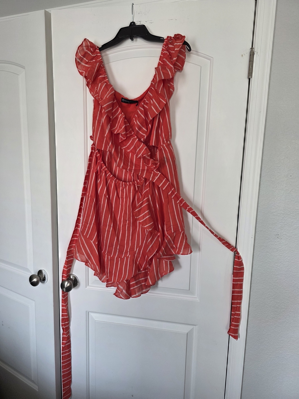 Fashion to Figure Coral Red Striped Wrap Romper